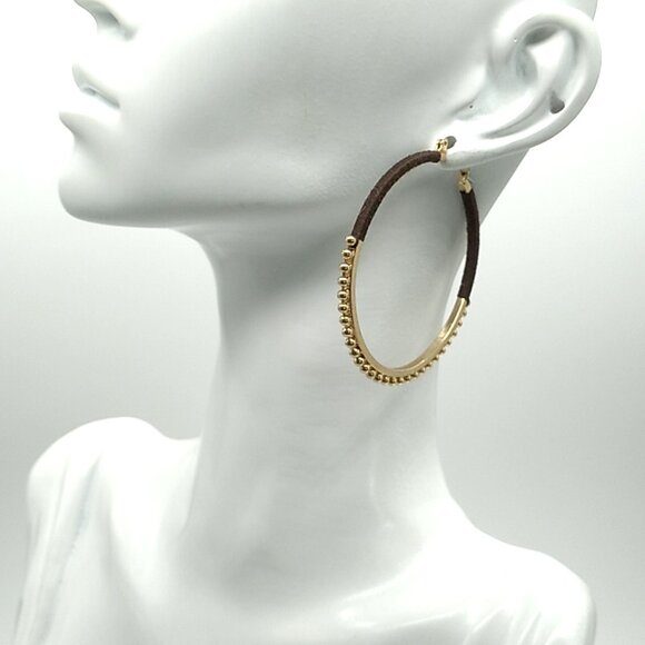 Large Gold-tone Beaded Brown Threaded Hoop Earrings NWOT - Picture 4 of 9
